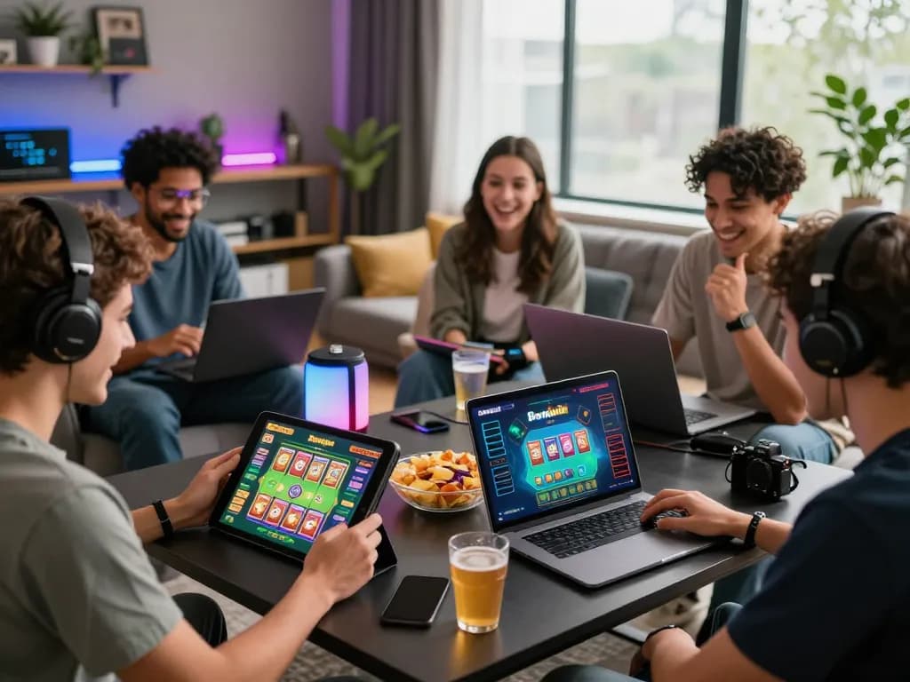 Bomwin gaming platform scene with friends engaged in online card games, highlighting interaction and excitement.