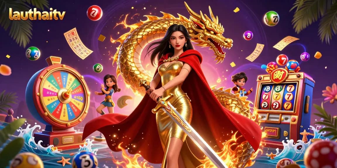 Experience thrilling gaming with lauthaitv's vibrant 3D illustration featuring energetic gambling elements.
