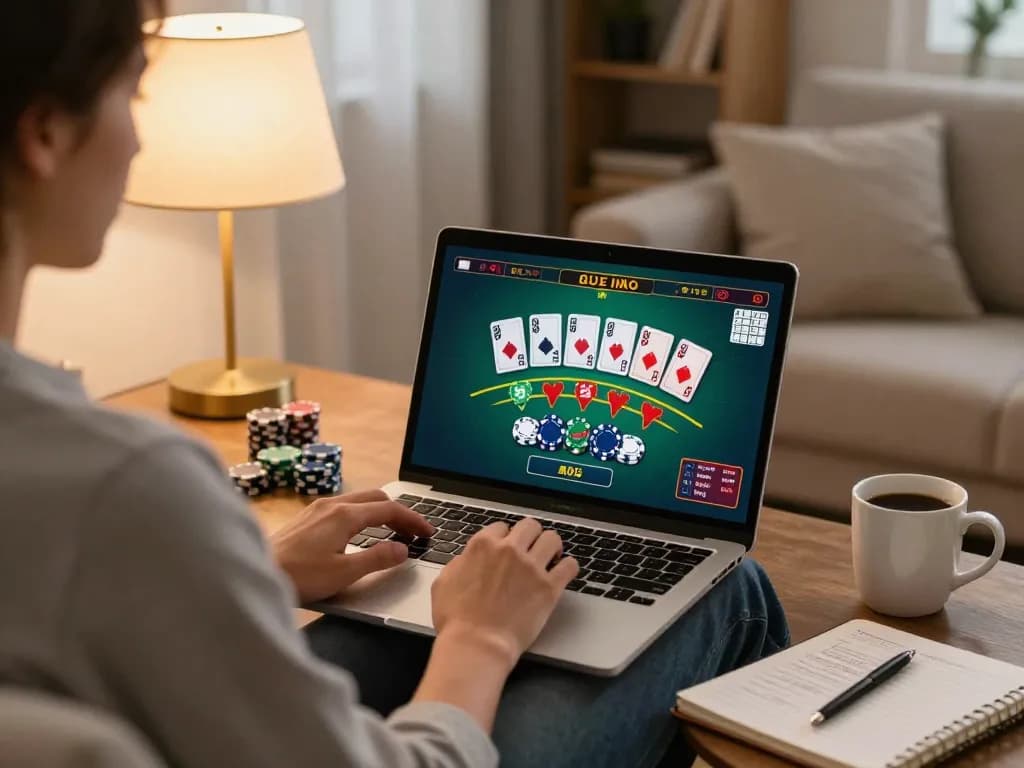 Engaging in online casino gaming with đăng ký mu88 strategy visible on the laptop at home.