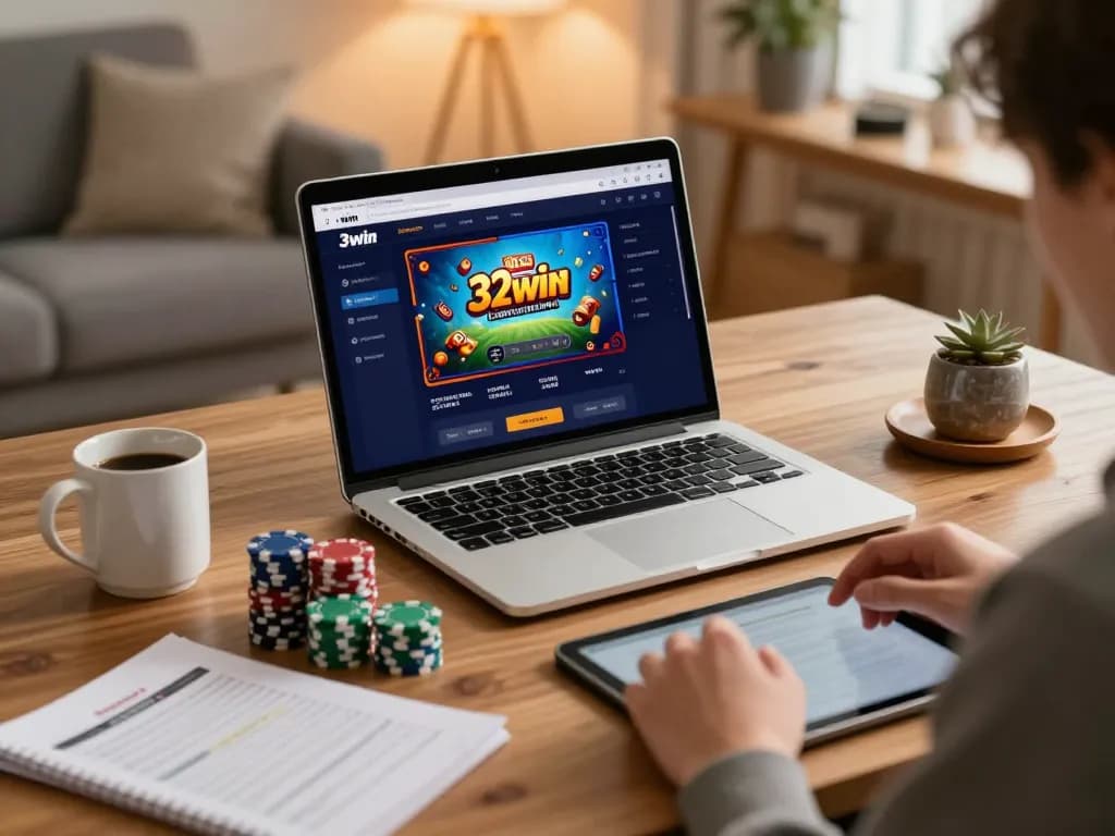 Playing games on 32win platform from a cozy home office setup with strategic notes present.