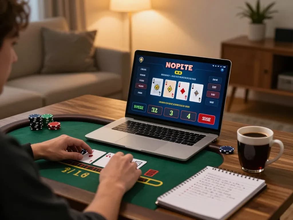Engaging in online blackjack gameplay on 789win1 with strategic notes nearby in a cozy home setting.