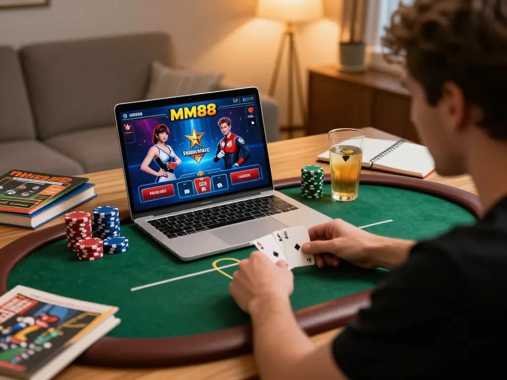 Experience strategic online gambling with MM88 as a player engages in a poker game.