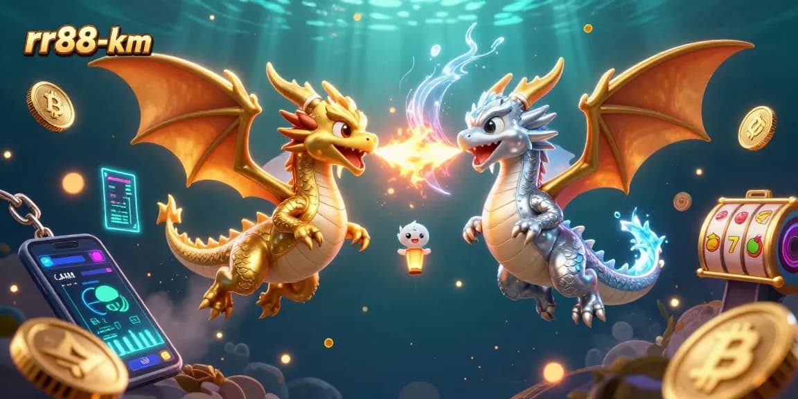 Engage with exciting rr88-km action featuring golden and silver dragons amidst slot reels and crypto coins.