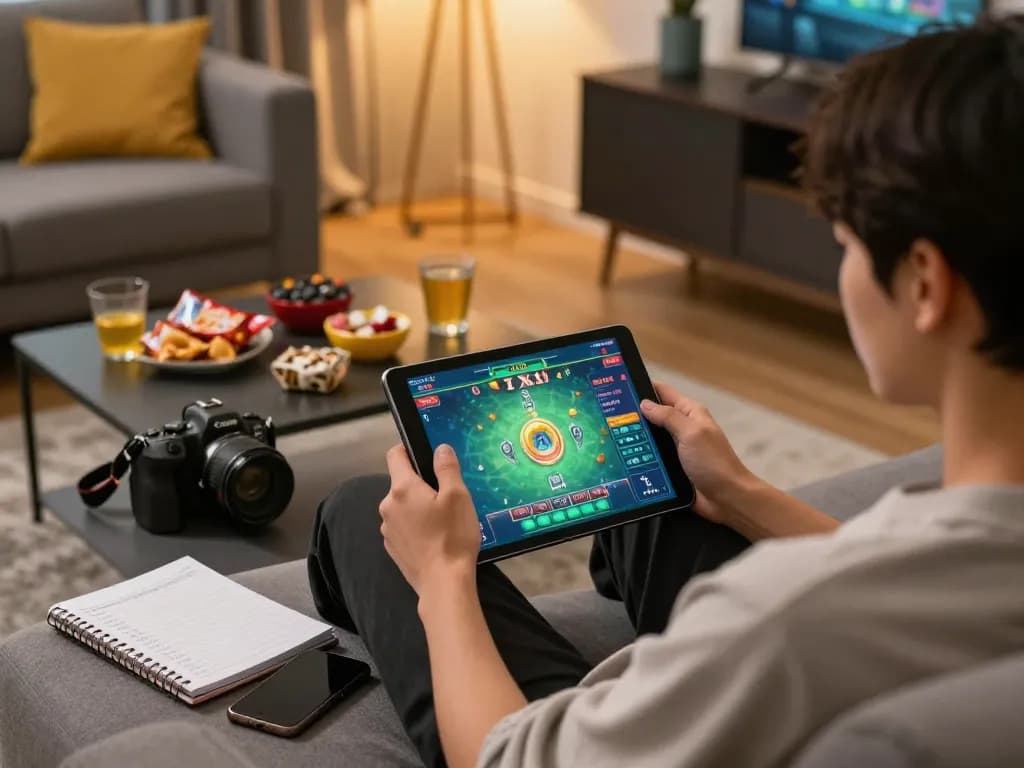 Player engaging in tài xỉu online game on tablet in a cozy home setup