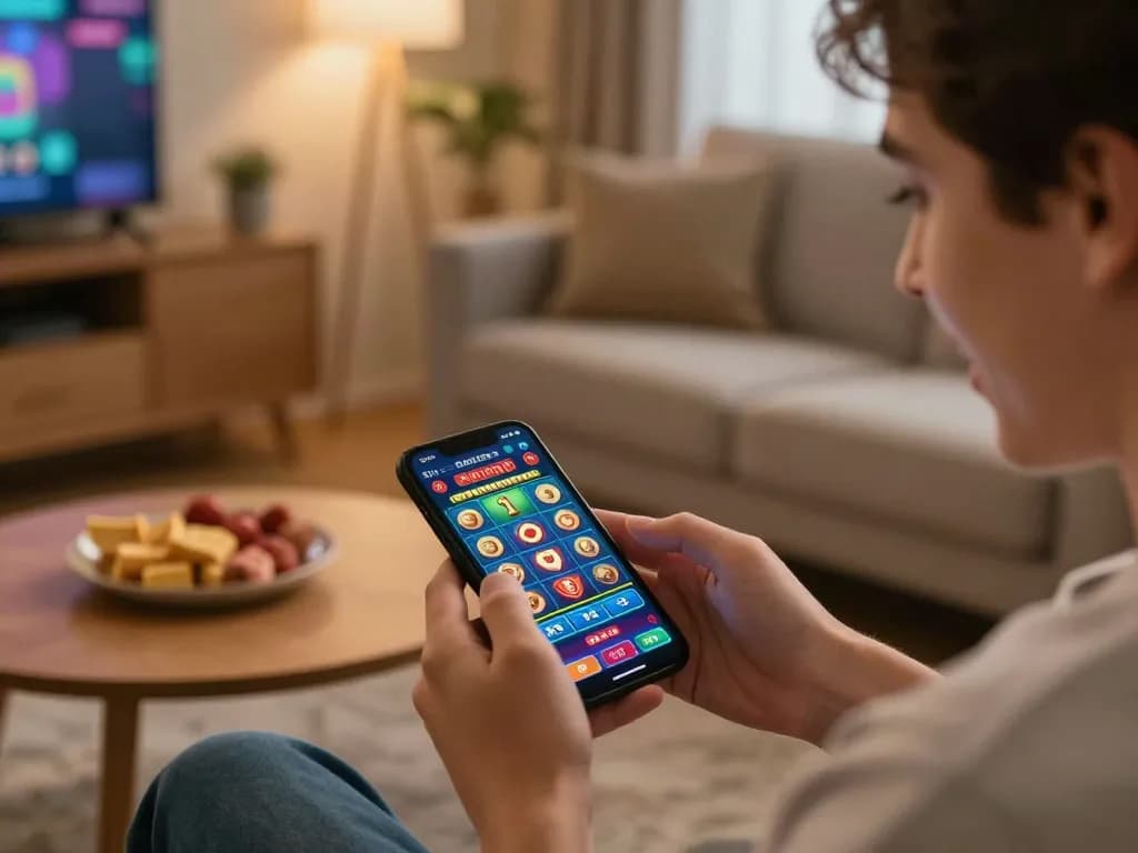 Engaging with uu88 gaming app on smartphone during a cozy home session.