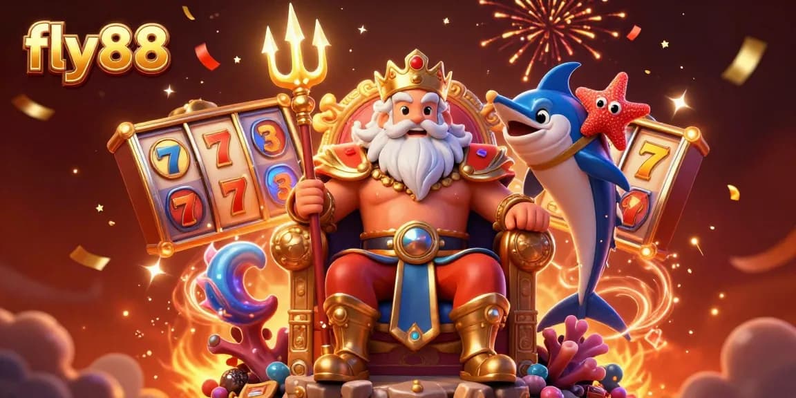 Engage in thrilling with fly88 as Neptune presides over a vibrant casino scene filled with slot reels and jackpots.