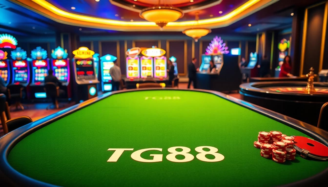 Players enjoying poker at a casino table with TG88 branding, vibrant atmosphere.