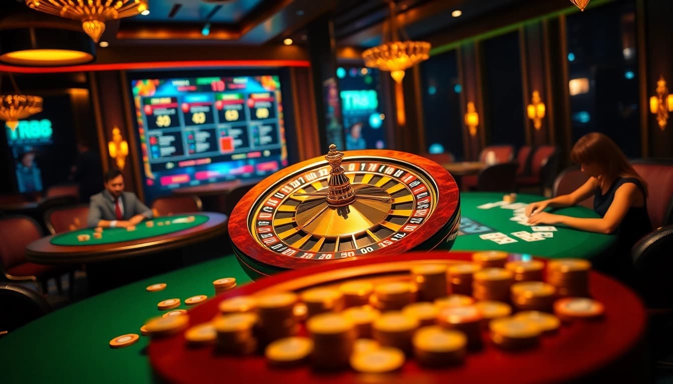 Experience the thrill of TR88 online gambling with vibrant casino scenes featuring roulette and poker tables.