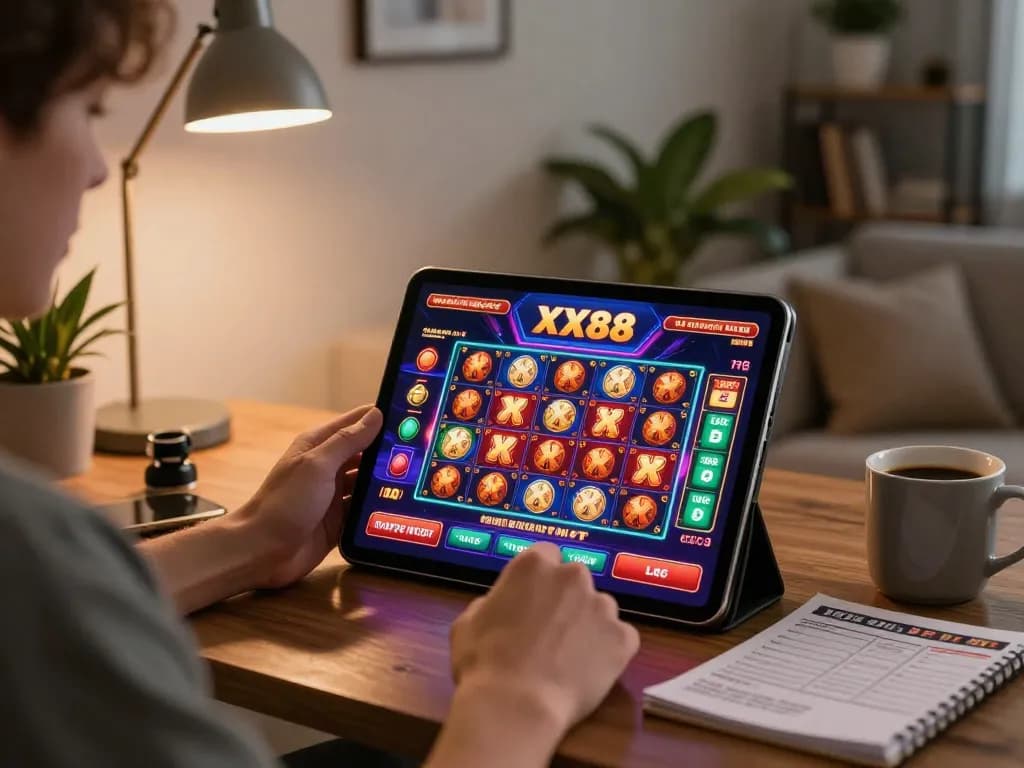 Enjoying online gaming experience on XX88 with vibrant interface and comfortable home setting.