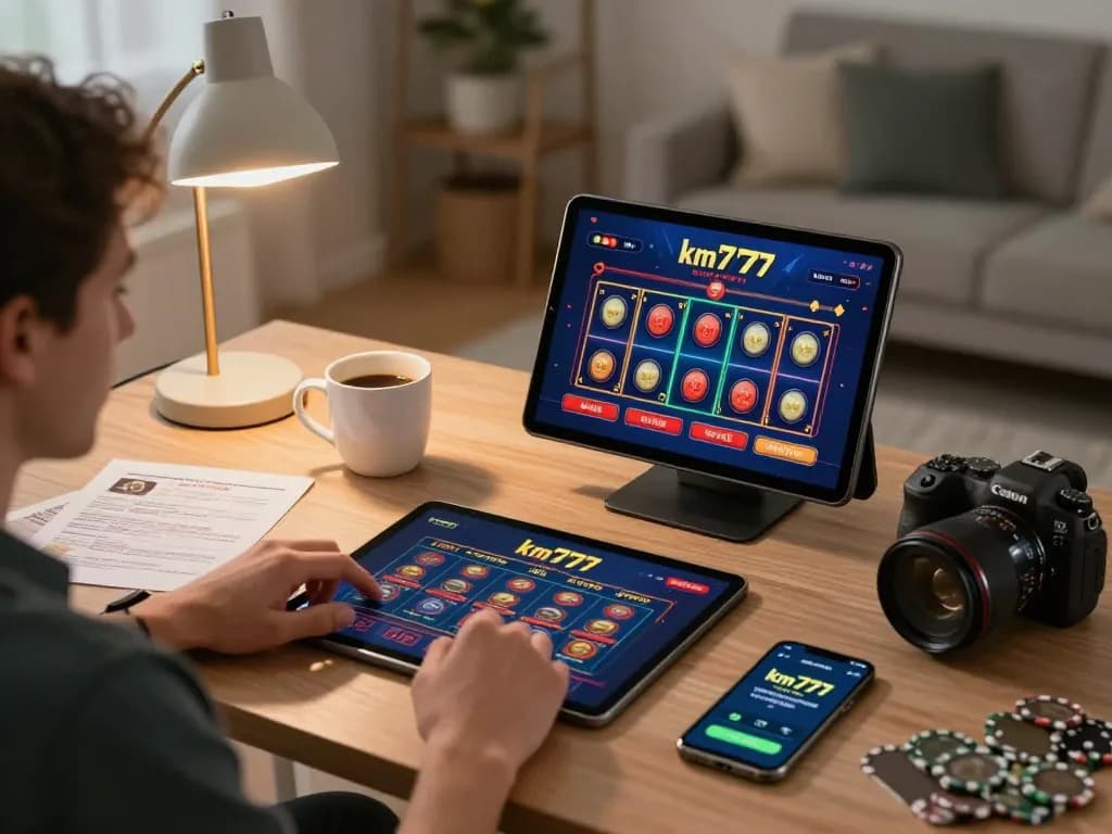 Person using tablet for km777 online casino games with strategic notes in cozy home setup