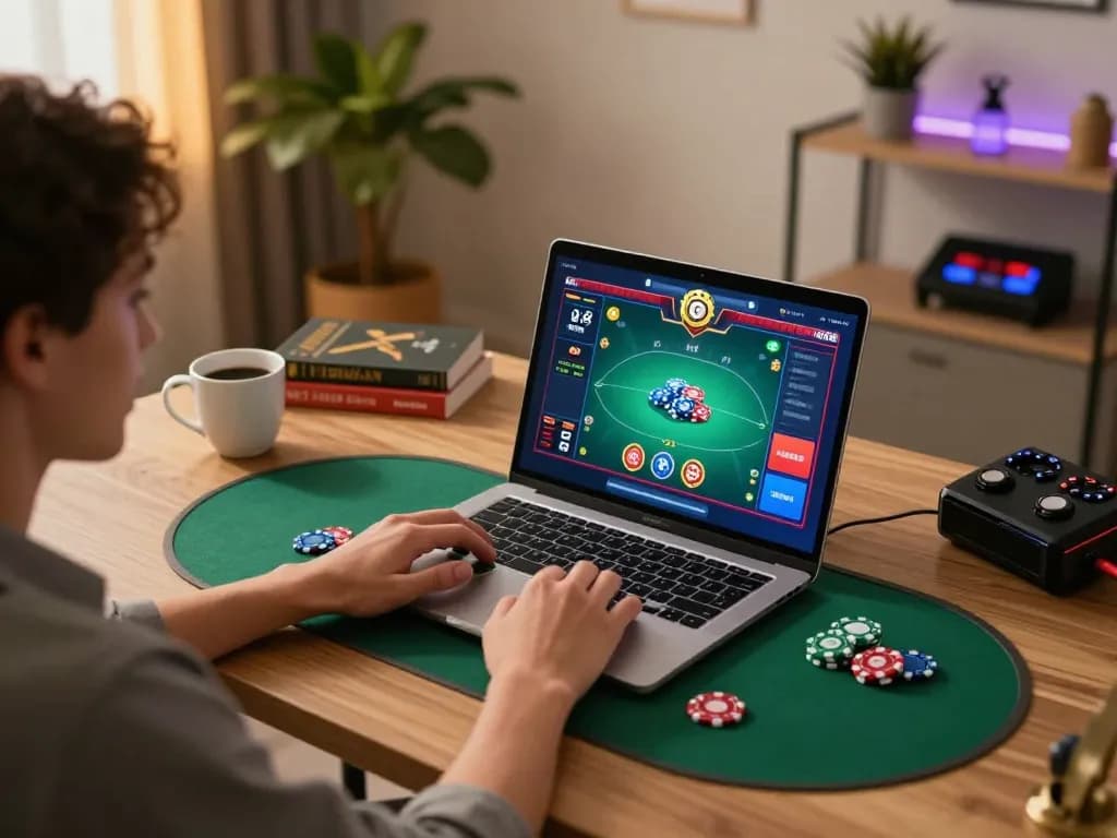KUWIN online gaming setup with vibrant poker interface and relaxed atmosphere
