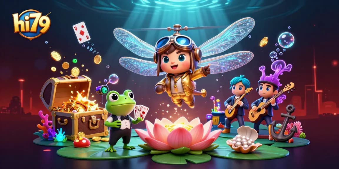 Experience hi79's thrilling casino adventure with vibrant dragonfly pilots and frog croupiers in a dazzling underwater setting.