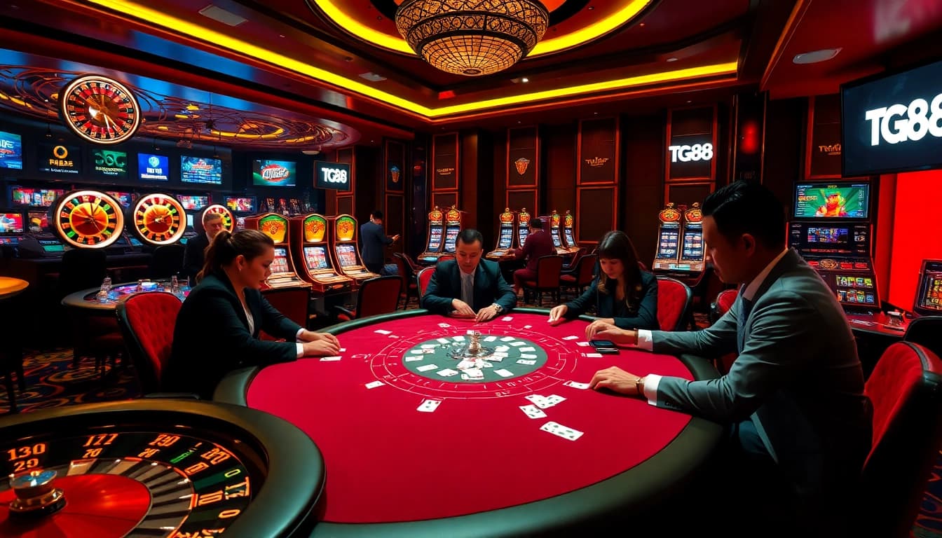 Intense poker action at Nhà cái TG88 casino, showcasing strategic gameplay and luxury ambiance.