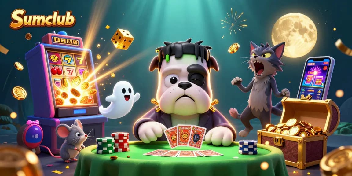 Engage in thrilling gameplay at Sumclub's epic casino scene featuring characters and dynamic elements.
