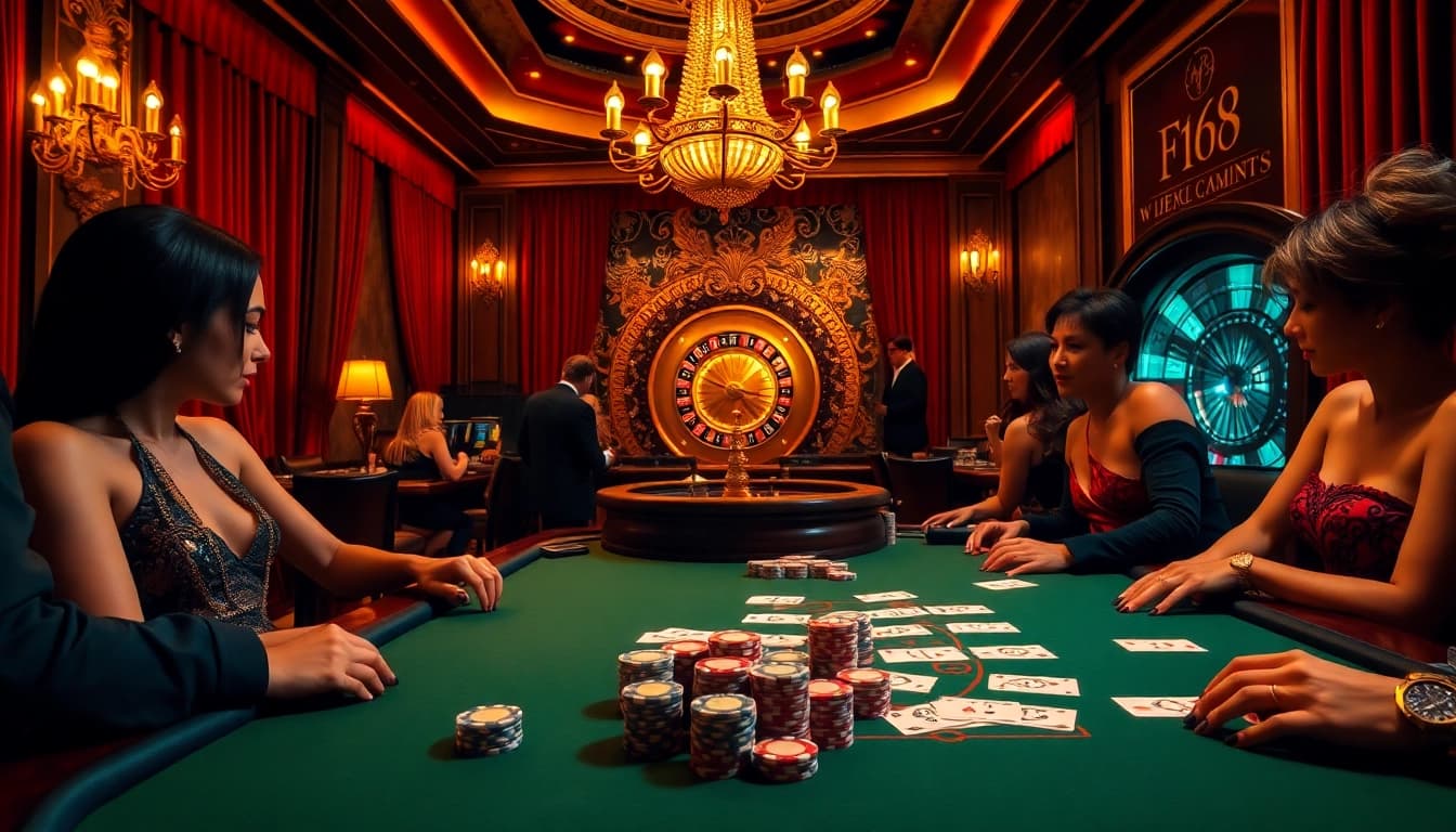 Experience the thrill at F168's luxurious casino with vibrant poker tables and high-stakes gaming action.