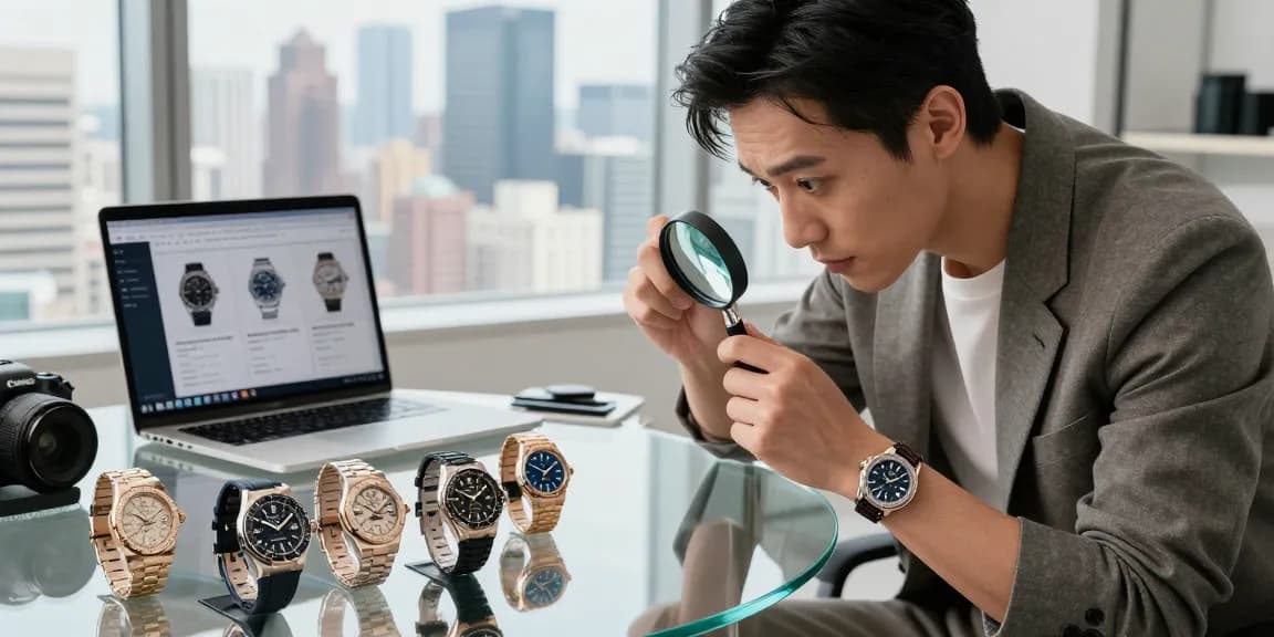 Luxury watch enthusiast inspecting high-quality replica watches on a sleek table, showcasing top brands like Rolex and Hublot.