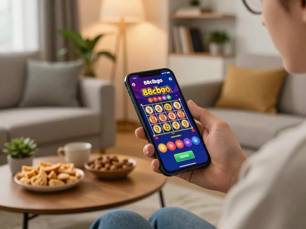 Person playing on 88clbgo casino app, enjoying a colorful slot game in a cozy living room.
