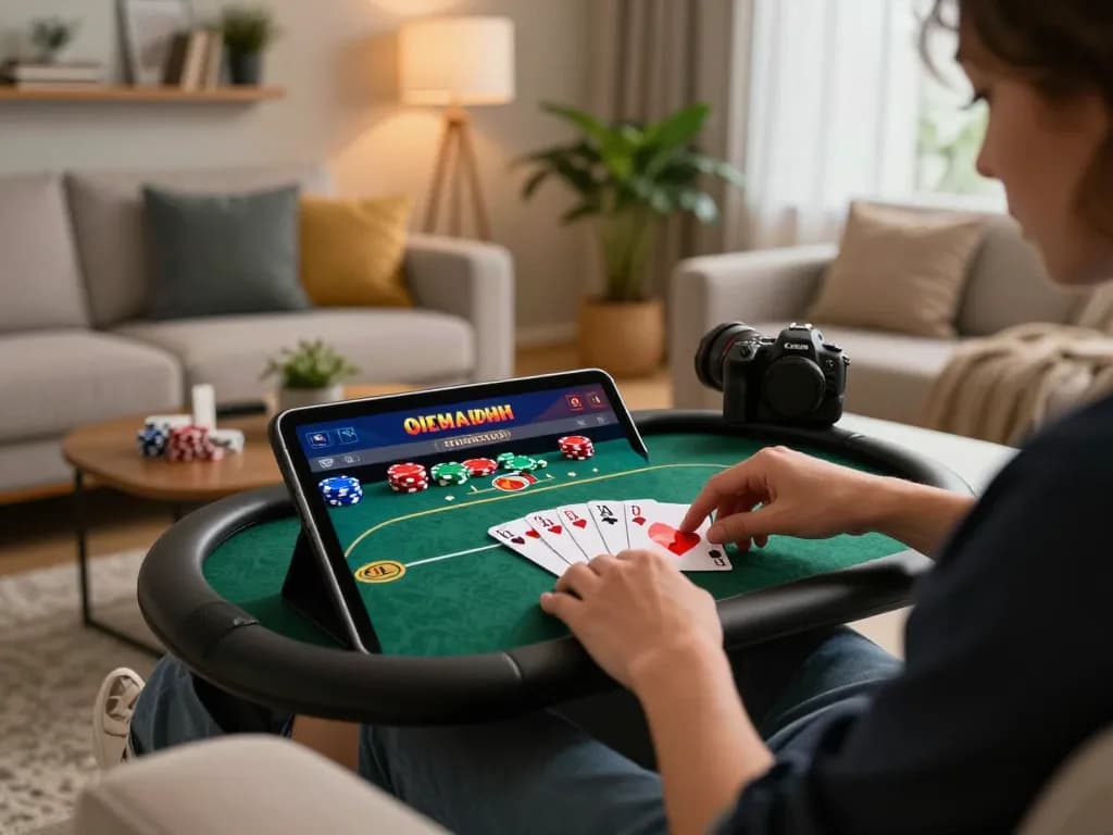Engaged user playing god55 online poker on a tablet in a cozy home environment, showcasing strategic gameplay