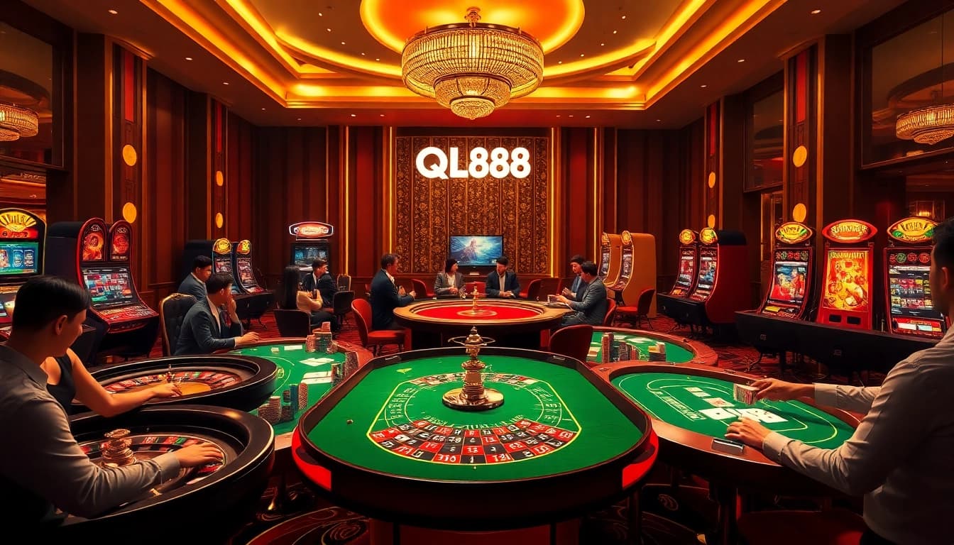 Experience the excitement of QQ88 with professional gamblers at vibrant casino tables and modern slot machines.