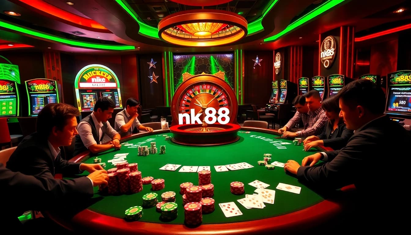 Players engaging at a poker table in a vibrant nk88 casino, showcasing high-stakes excitement.