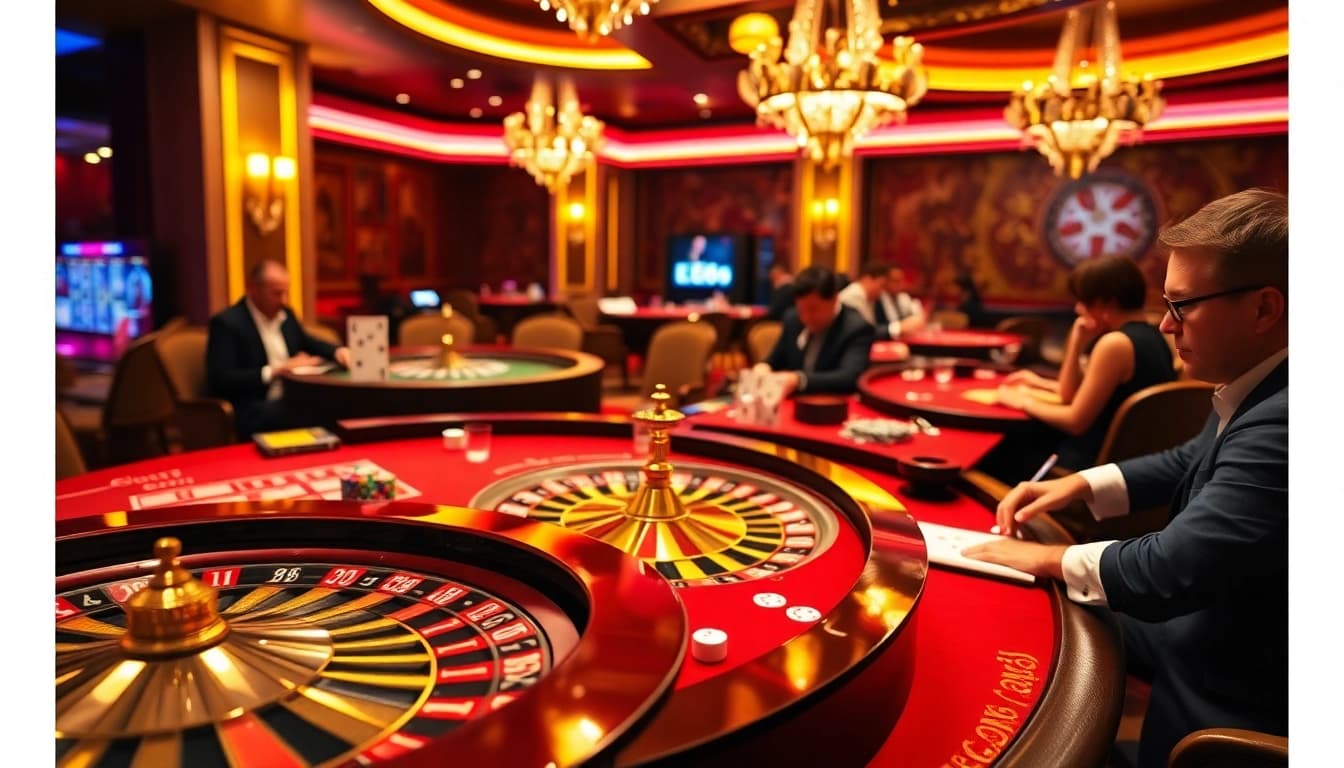 Experience the excitement of EE88 at a glamorous casino table with vibrant games and enthusiastic players.