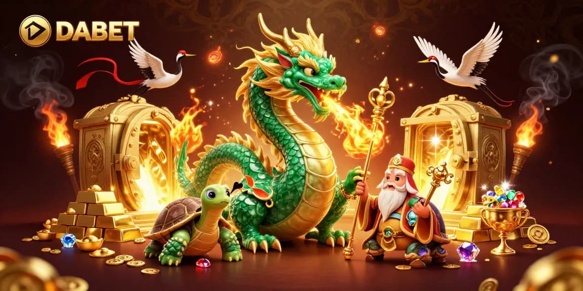 DABET casino excitement illustrated with a jade dragon, turtle sage, and lucky cranes amidst treasure and light.