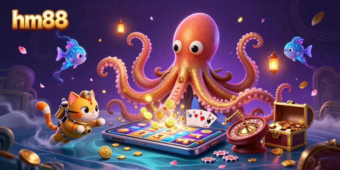 Win big at hm88 with an ultra-detailed 3D illustration of a kraken and diving cat sharing the treasure!