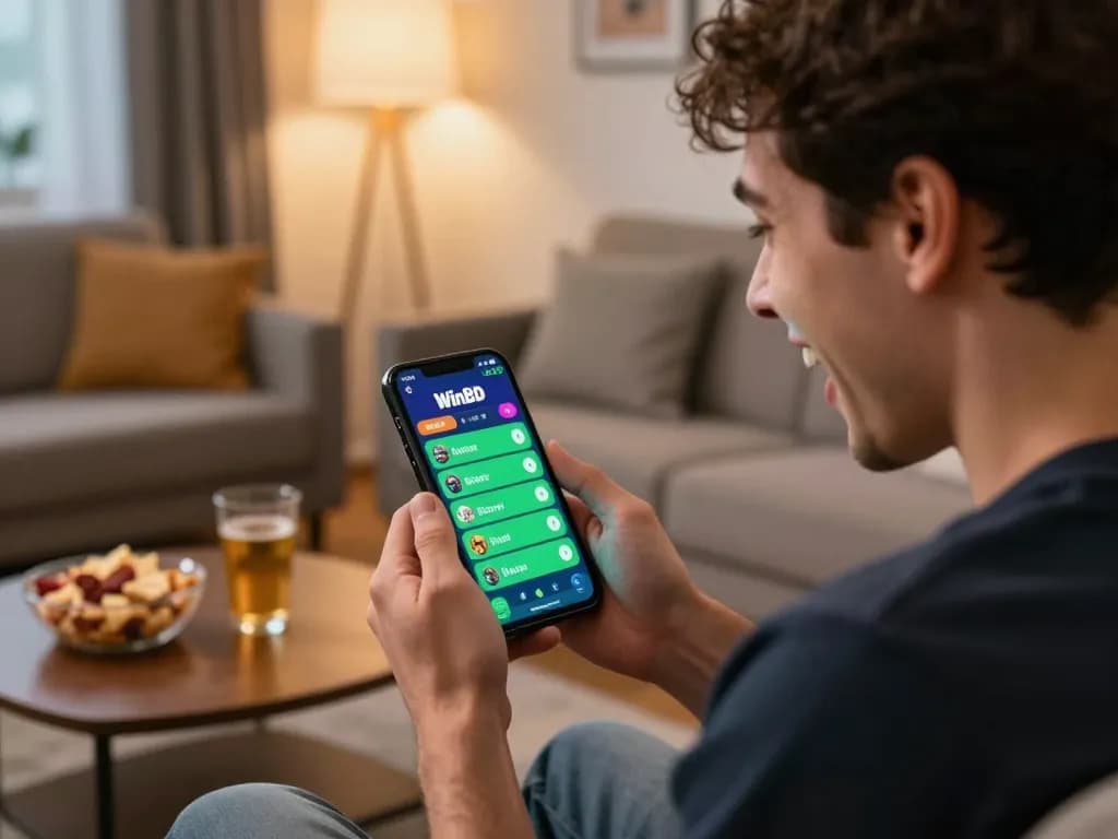 Celebrate your win with Winbd Vip on the mobile app, showcasing a joyful player in a cozy setting