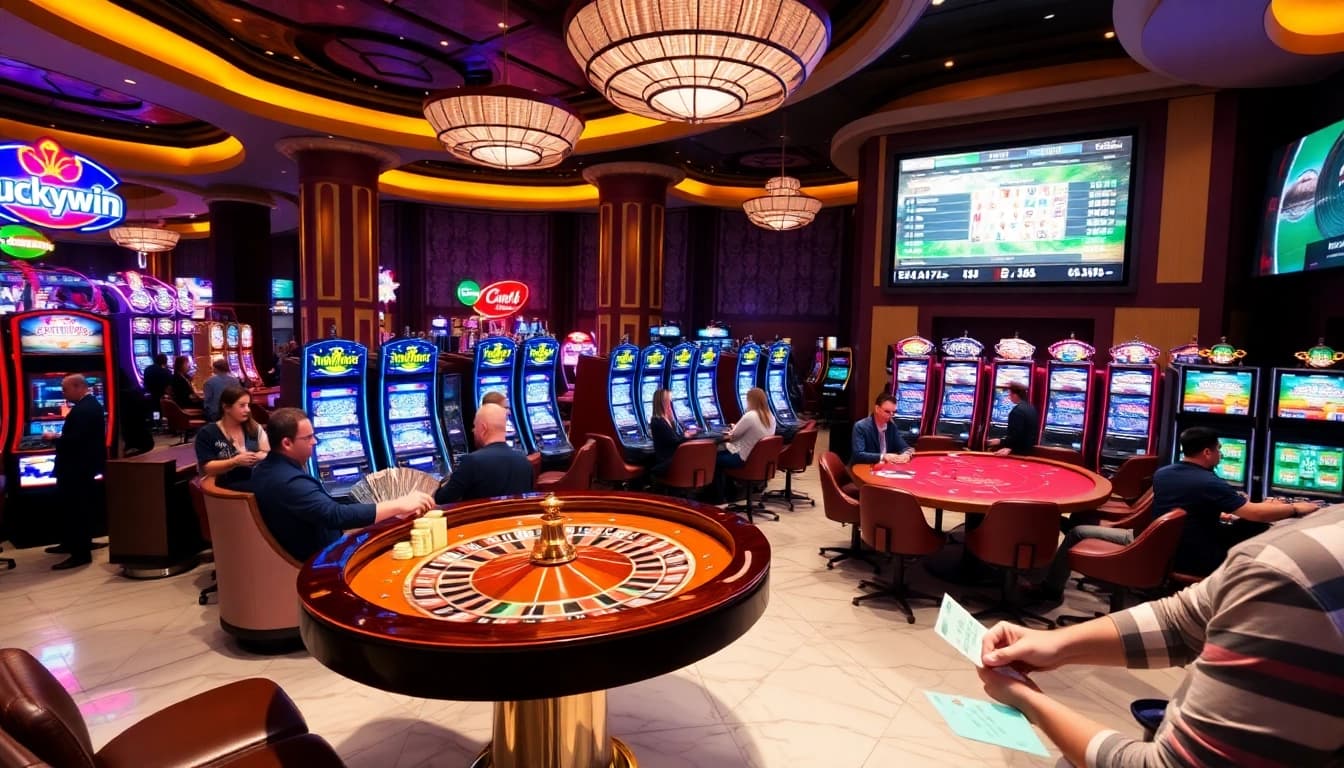 Luckywin players enjoying vibrant table games and slots in a luxurious casino environment.