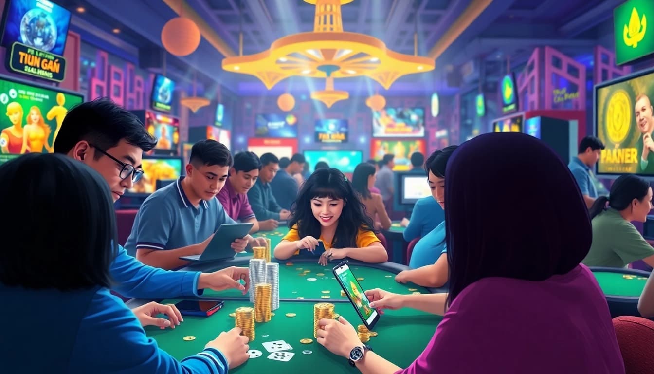 A diverse gaming community enjoying games on gamebaidoithuong.com.vc, featuring Poker and Phỏm in a lively digital setting.