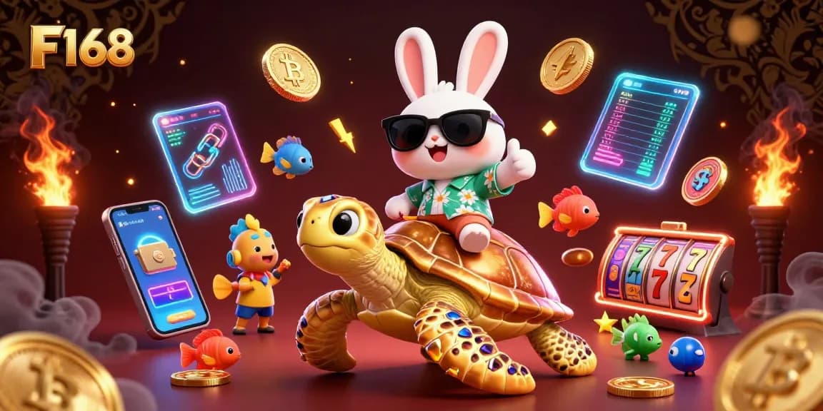 Spin the reels of F168 while spotting the lucky rabbit riding a golden turtle amidst dazzling casino elements.