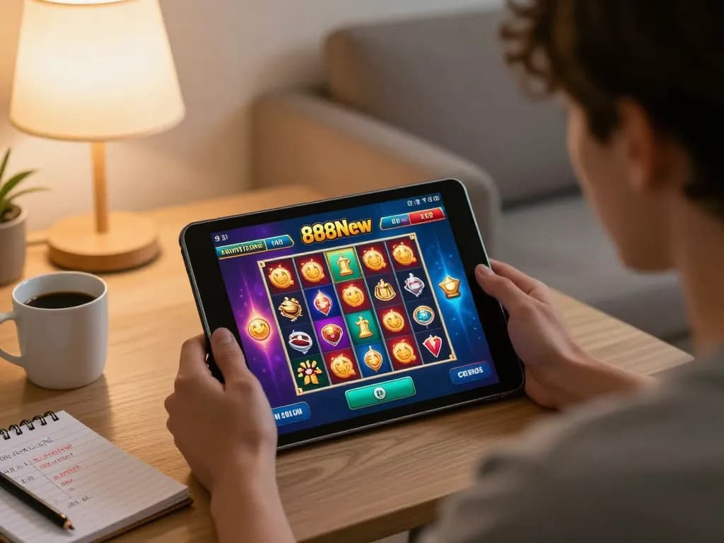 Player enjoying 888New casino gameplay on a tablet in a cozy living room setting.