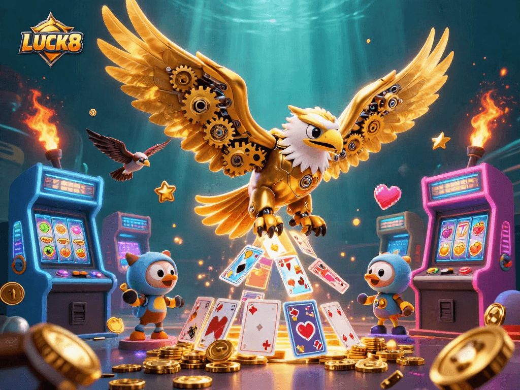 LUCK8 tạo nên một cảnh độc đáo với đại bàng vàng huyền bí giữa những lá bài holographic.