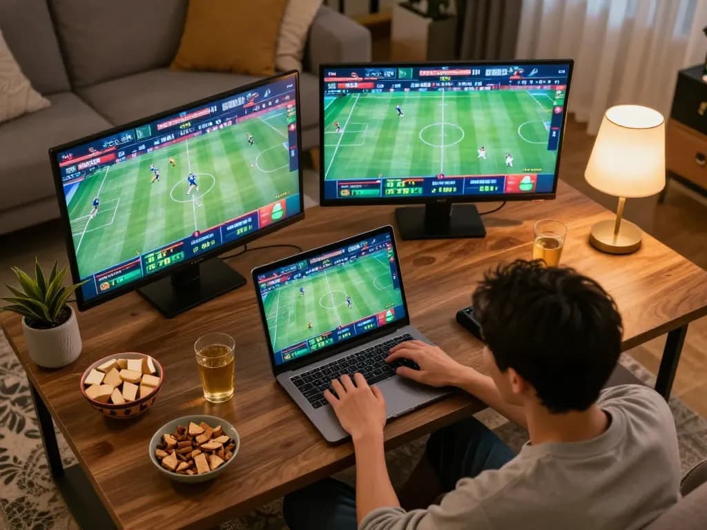 Excited gambler using qq88 platform for sports betting at home, vibrant atmosphere.