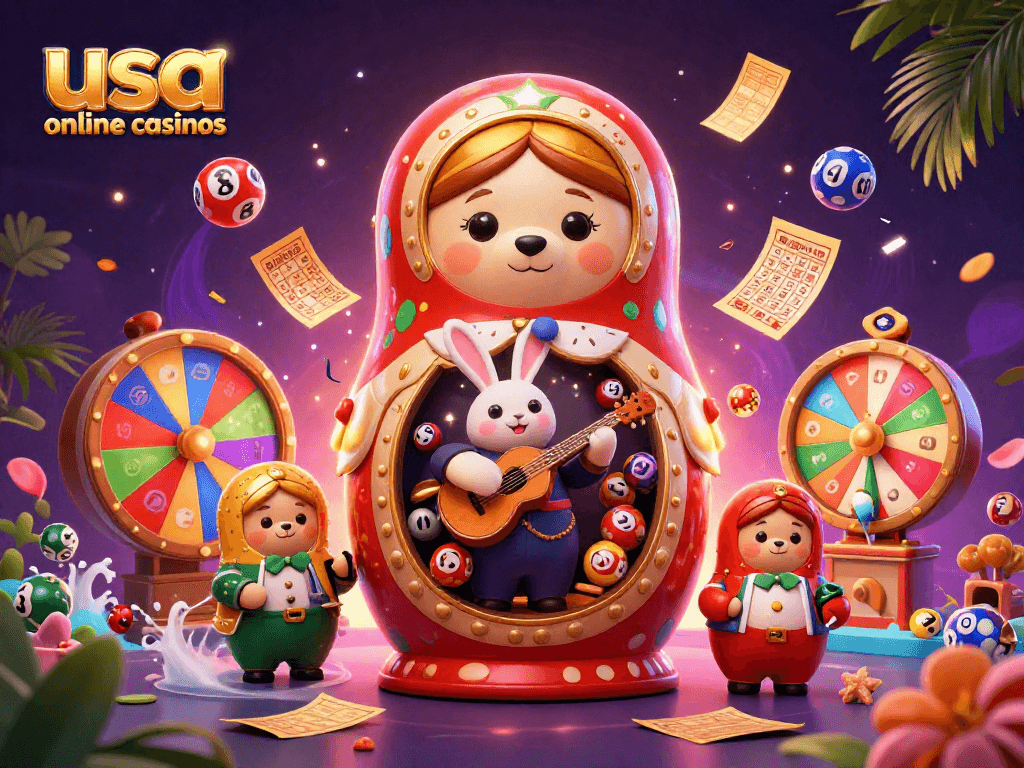 Engage with the vibrant world of usa online casinos, featuring dynamic lottery balls and playful characters.