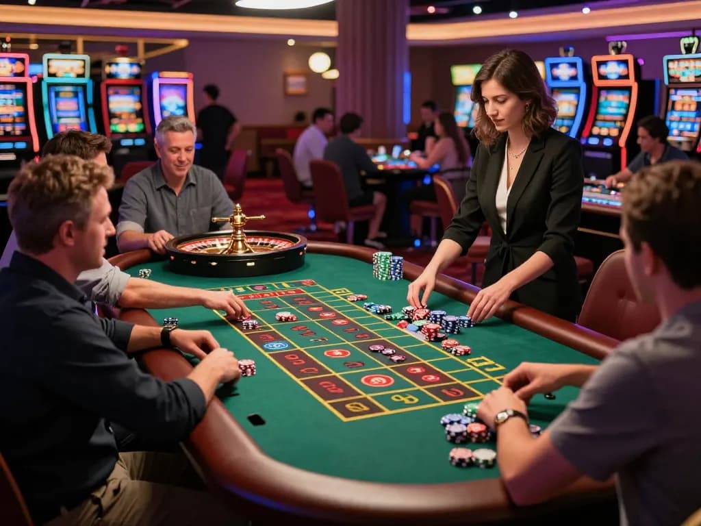Nohu players engaging at a roulette table, vibrant casino atmosphere, excitement in the air