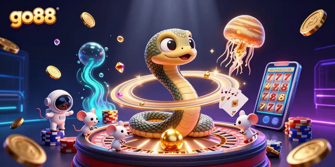 Engage with go88's cosmic casino world featuring astronaut mice and a roulette ring snake.