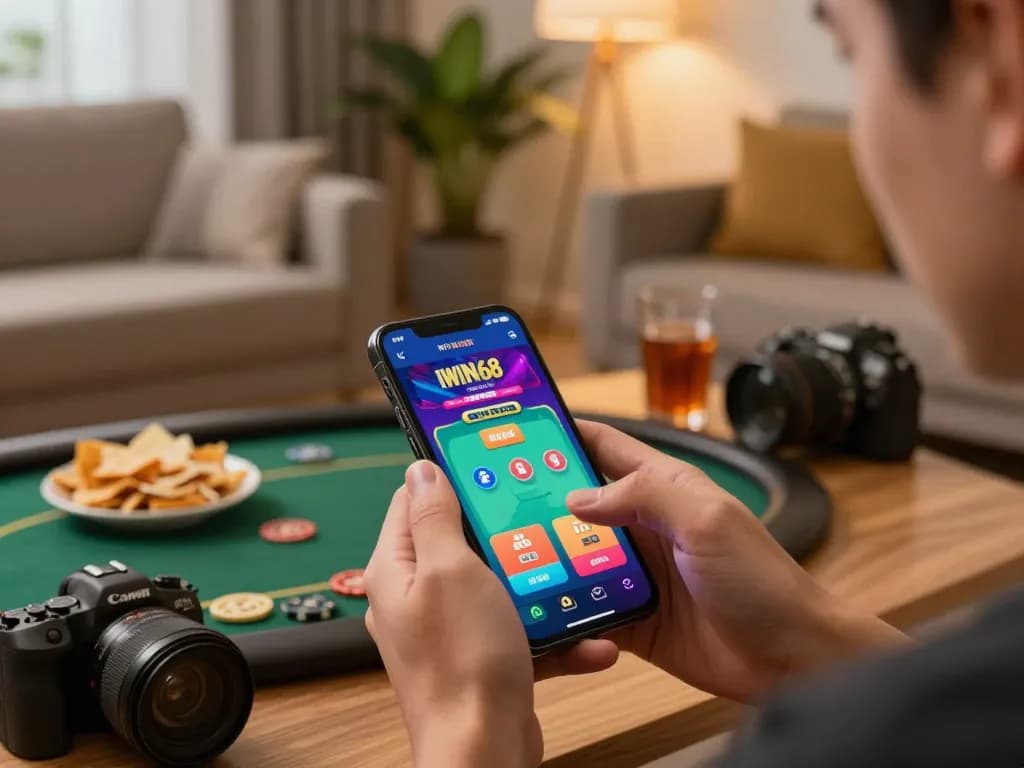 Playing iwin68 on a smartphone, highlighting engaging online gambling strategy with vibrant graphics.