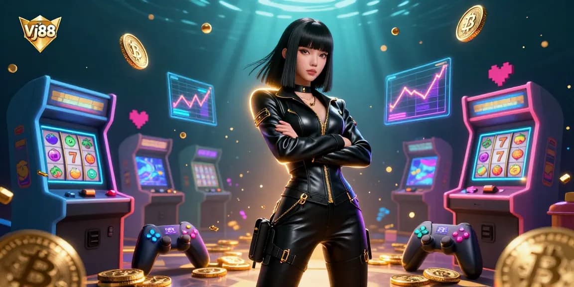 Experience Vj88's vibrant casino excitement with an engaging 3D scene featuring colorful slots and advanced game elements.