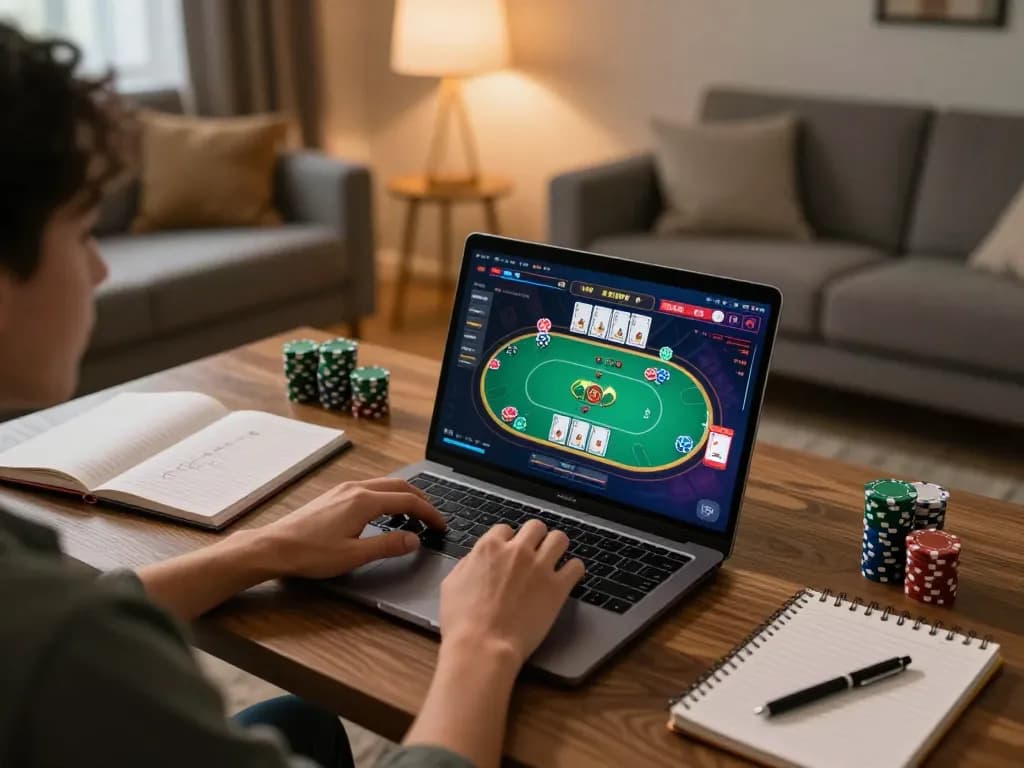 98win player strategizing poker on laptop in a cozy home atmosphere.