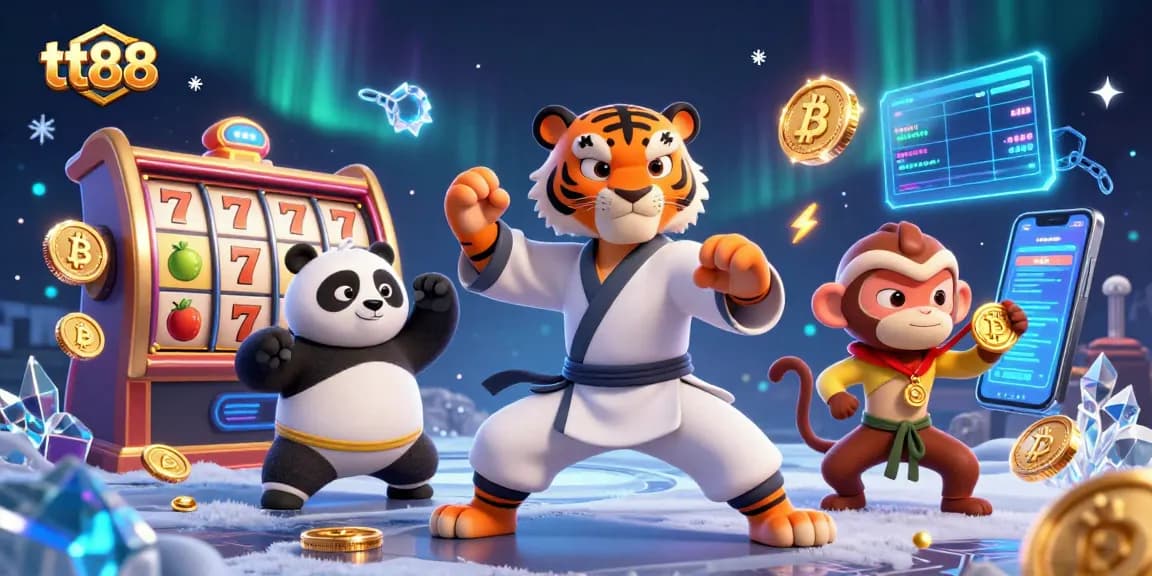 Experience the thrill of tt88 at a casino with kung fu characters, lucky symbols, and glowing coins.