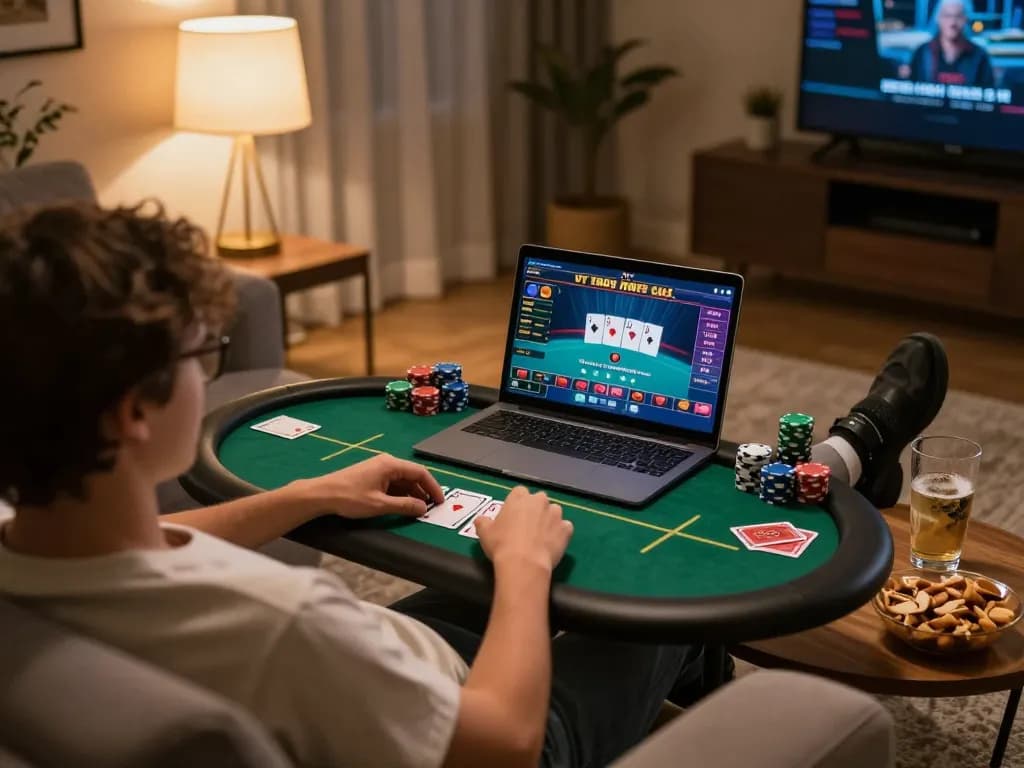 Engaging in an exciting poker game online at 789club on a cozy home setup