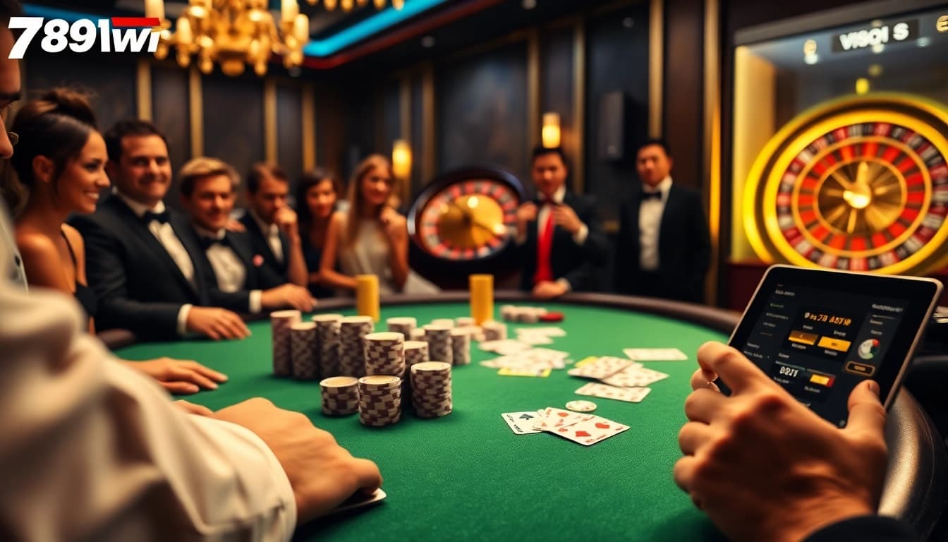 Excited players engage at a luxurious casino table, showcasing 789win’s vibrant gambling atmosphere.
