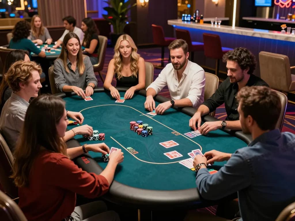 Friends are engaged in a thrilling poker game at Usbet casino, showcasing strategy and excitement.