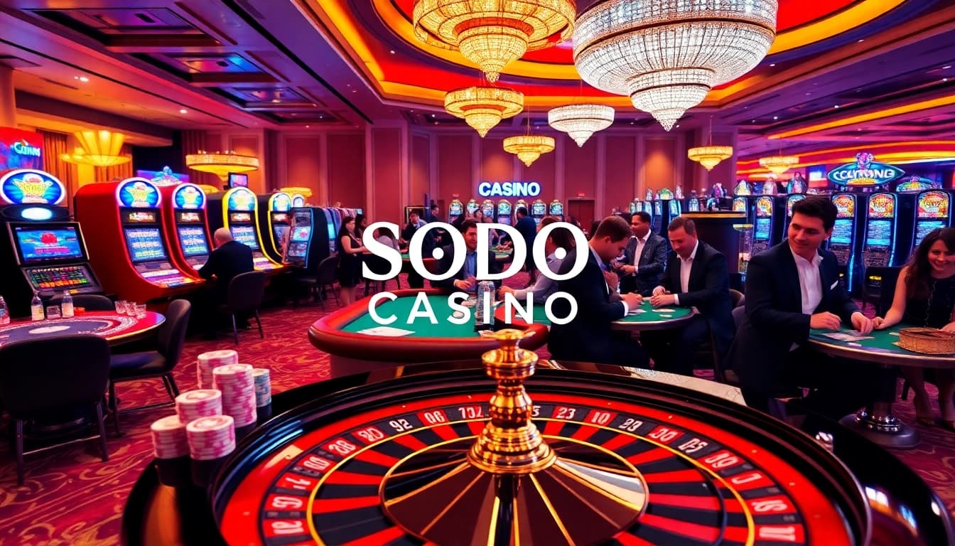 SODO CASINO showcases an exhilarating atmosphere with vibrant tables, slot machines, and excited players.