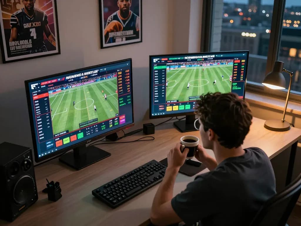 Person engaging in keonhacai online sports betting session, analyzing live odds and matches on multiple screens.
