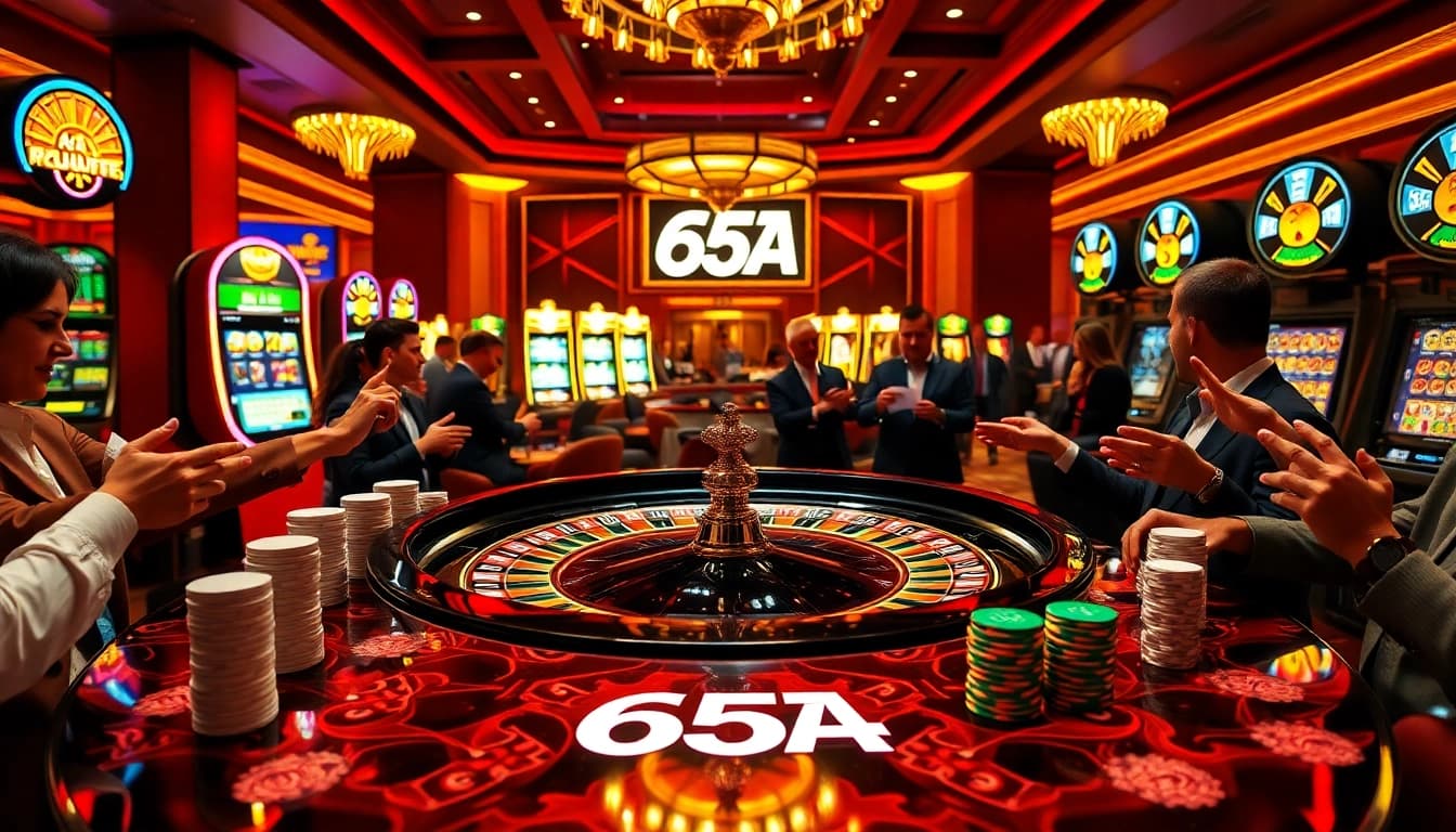 A lively casino scene illustrating excitement at the 65A roulette table with players engaged in betting.
