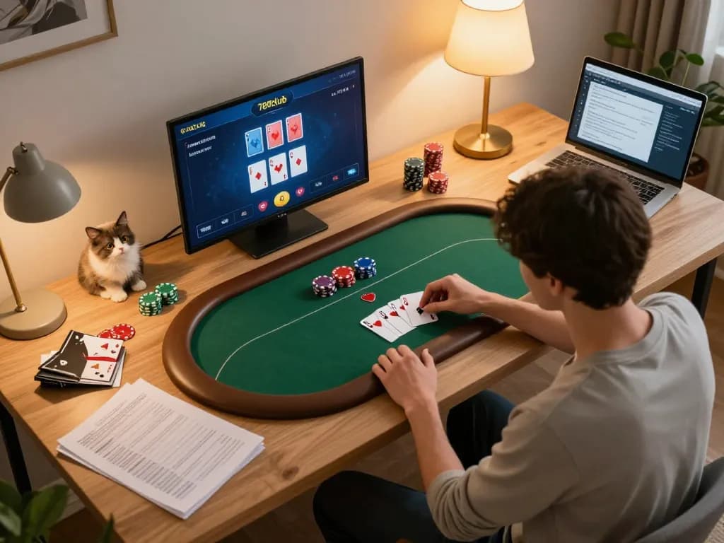 Player enjoying thrilling poker action on 789club app in a cozy home setting