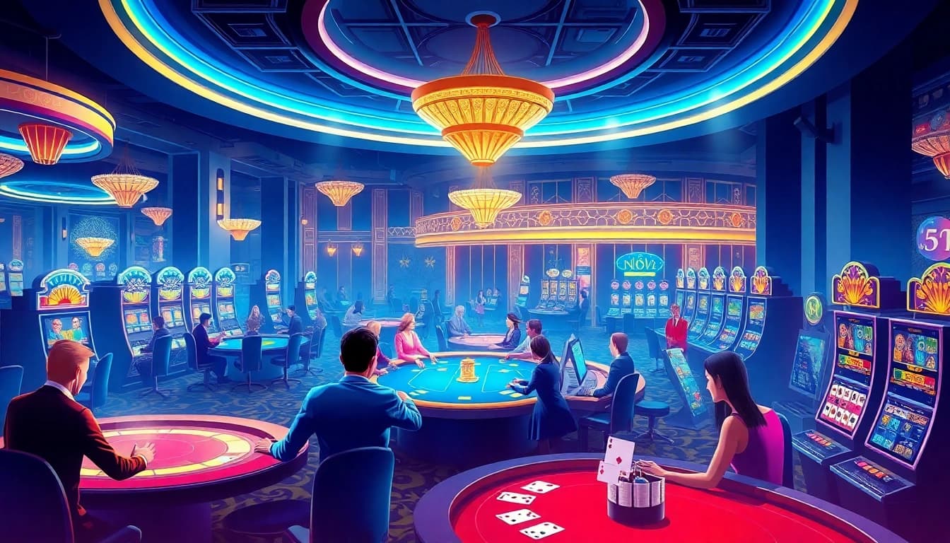Exciting casino scene showcasing players at tables and slot machines at https://566.beauty/ with vibrant neon lights and luxurious atmosphere.