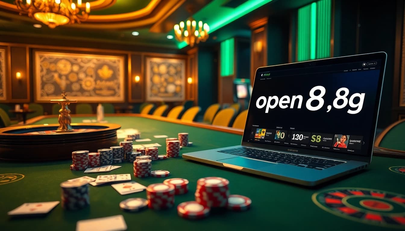 Experience the excitement at open88.gg with luxurious casino elements, poker chips, and roulette wheels.